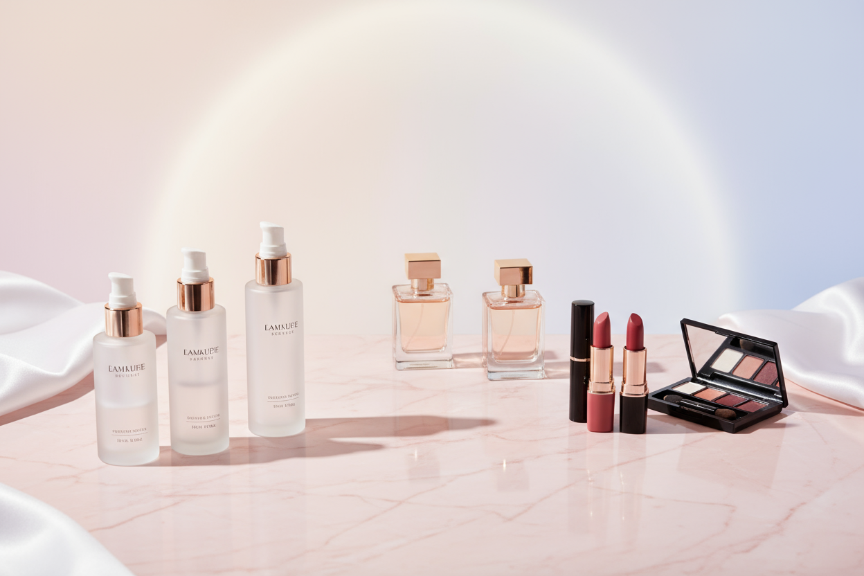 A clean and elegant beauty eCommerce banner showing skincare bottles, perfumes, and cosmetics arranged aesthetically on a marble or pastel background, soft shadows, premium luxury vibe, no text.