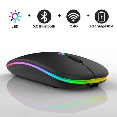 Rechargeable Wireless Mouse – Silent Click Dual Mode (Bluetooth + 2.4 GHz) LED Optical Mouse