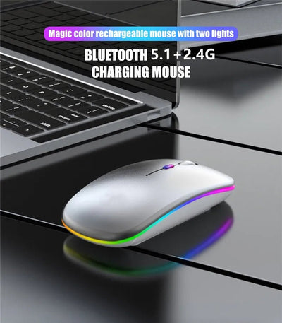 Rechargeable Wireless Mouse – Silent Click Dual Mode (Bluetooth + 2.4 GHz) LED Optical Mouse