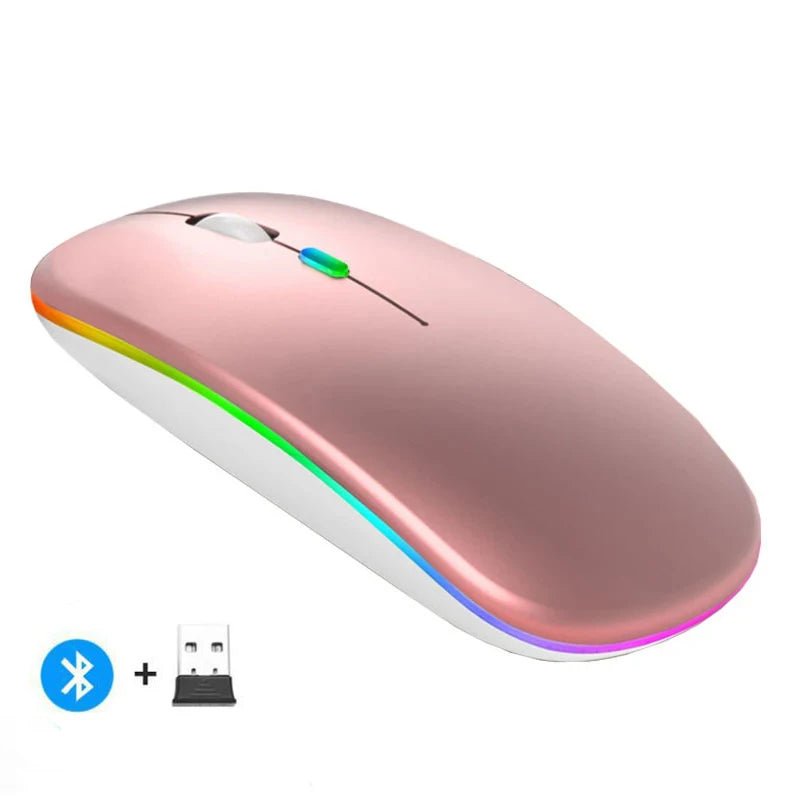 Rechargeable Wireless Mouse – Silent Click Dual Mode (Bluetooth + 2.4 GHz) LED Optical Mouse