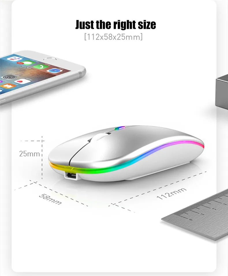 Rechargeable Wireless Mouse – Silent Click Dual Mode (Bluetooth + 2.4 GHz) LED Optical Mouse