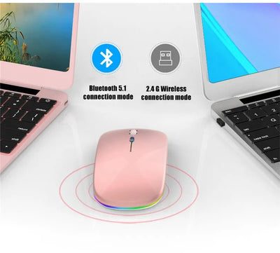 Rechargeable Wireless Mouse – Silent Click Dual Mode (Bluetooth + 2.4 GHz) LED Optical Mouse