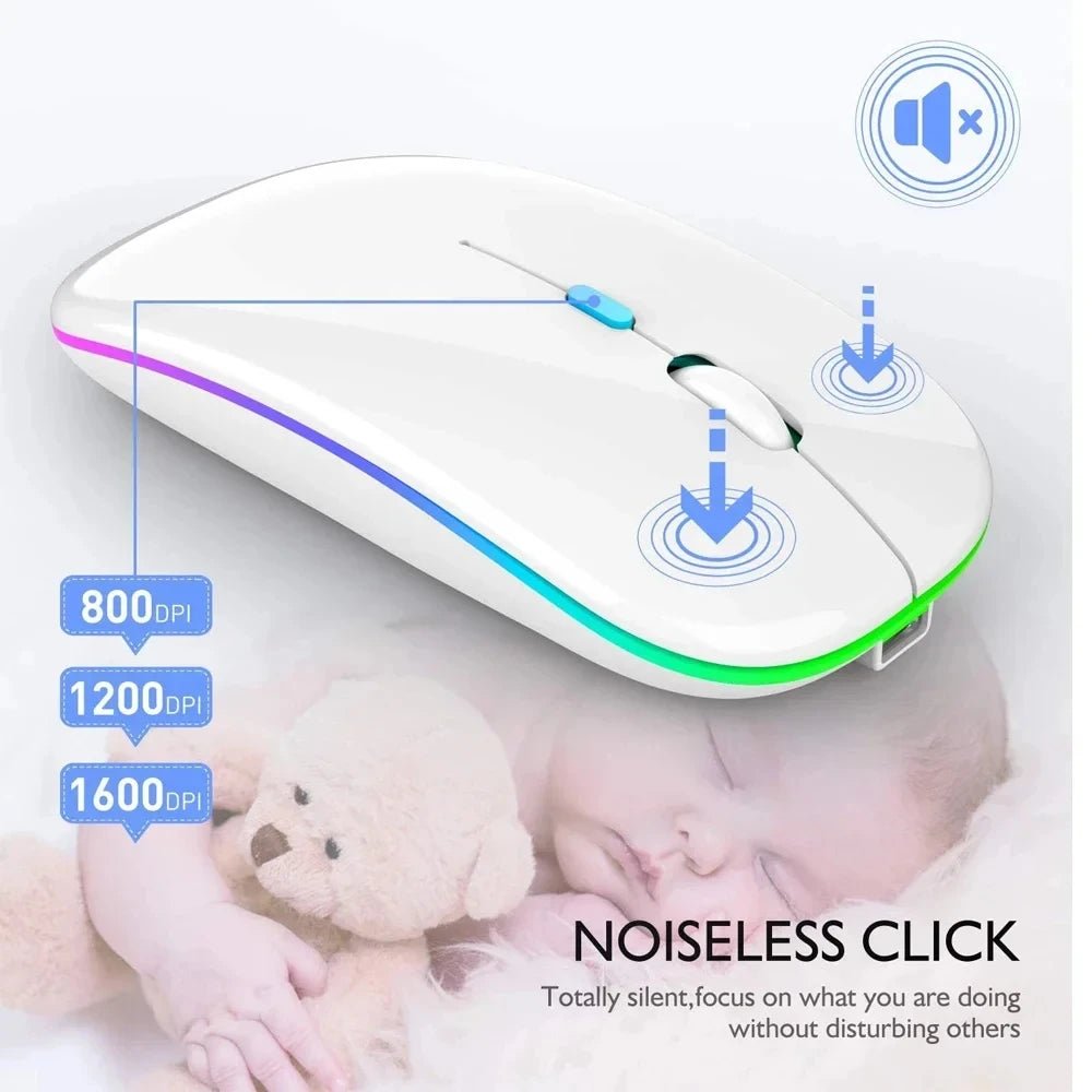 Rechargeable Wireless Mouse – Silent Click Dual Mode (Bluetooth + 2.4 GHz) LED Optical Mouse