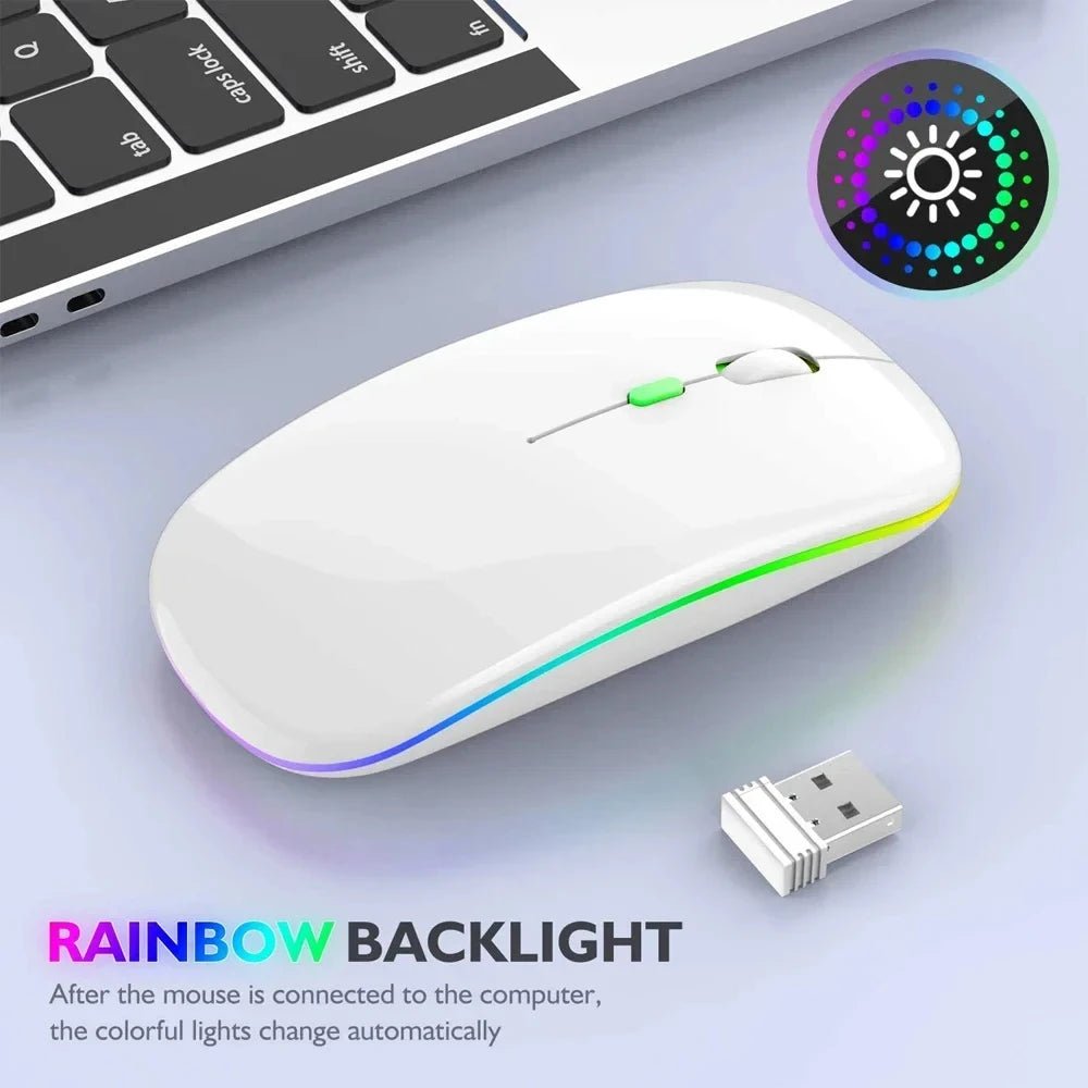 Rechargeable Wireless Mouse – Silent Click Dual Mode (Bluetooth + 2.4 GHz) LED Optical Mouse